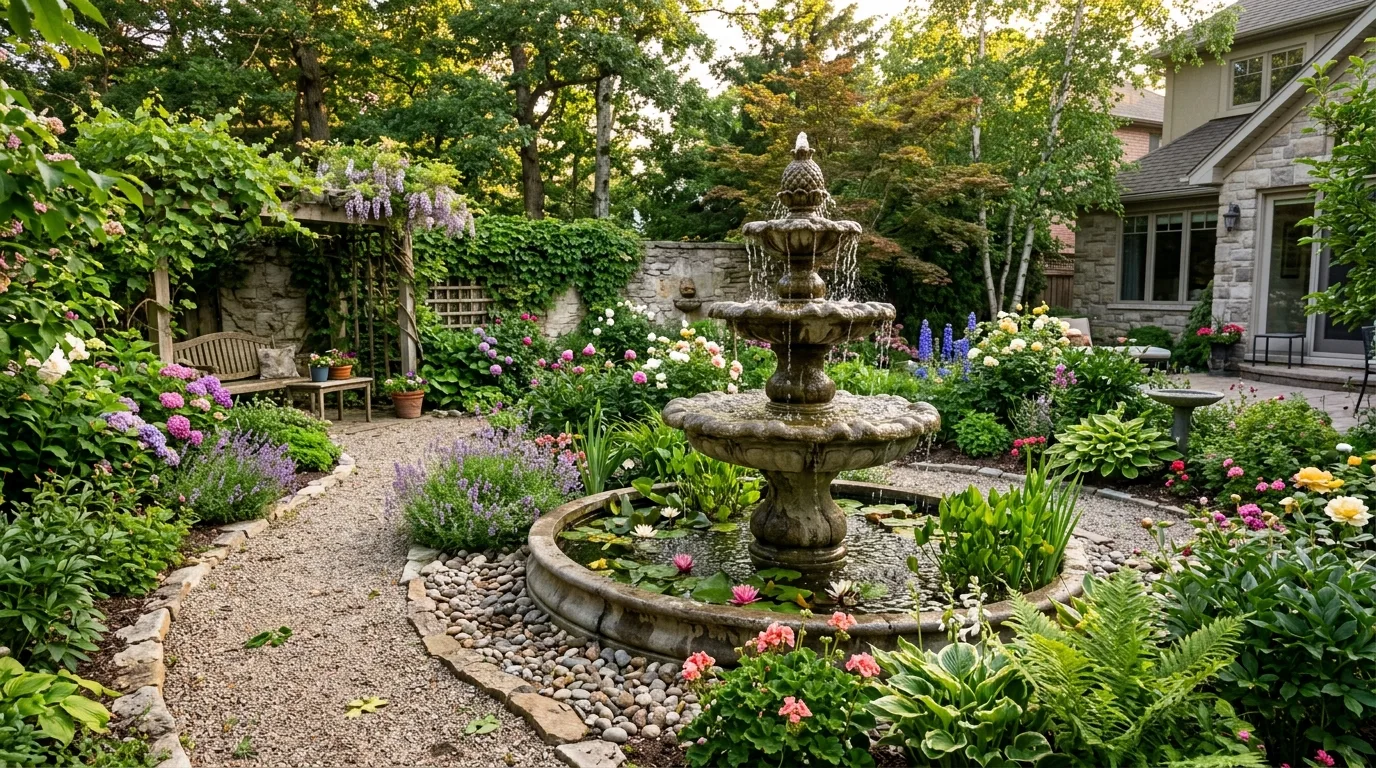 Backyard Oasis With Tiered Fountain